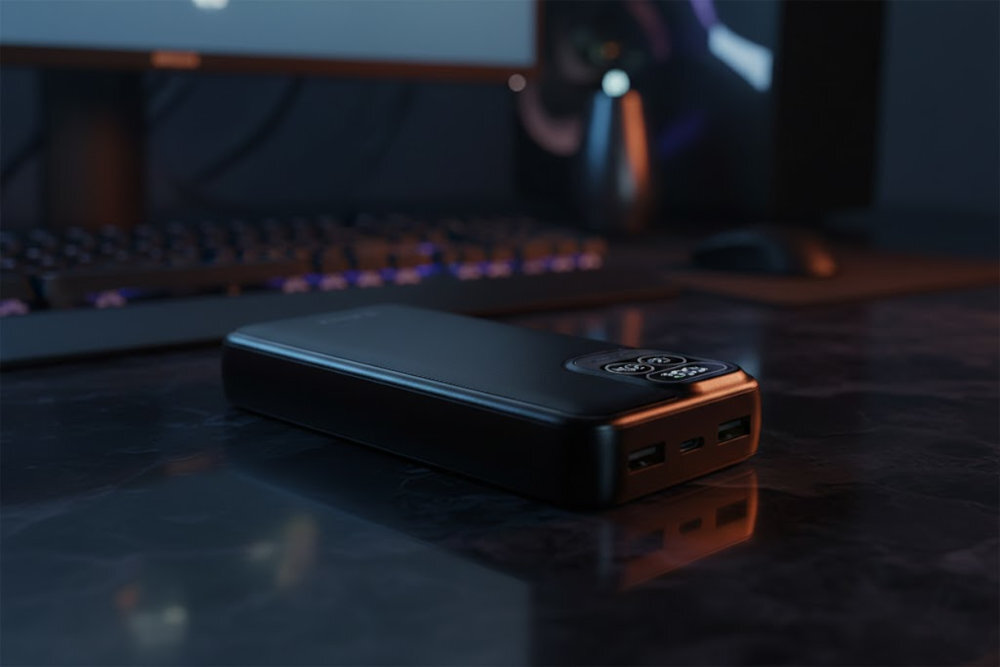 Na biurku znajduje się czarny powerbank z trzema portami USB. W tle widoczna jest klawiatura i monitor.