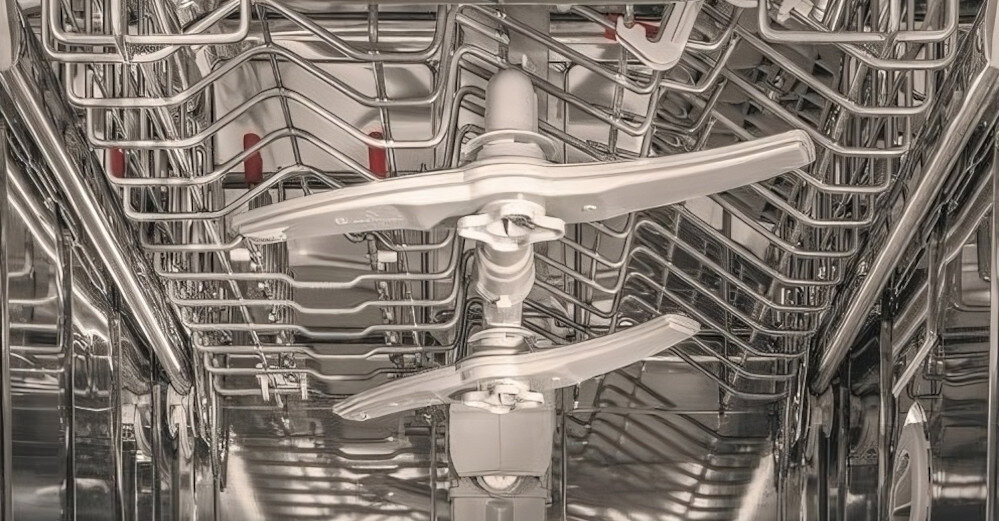 Wnętrze zmywarki z widocznymi metalowymi koszami i dwoma plastikowymi ramionami spryskującymi. Elementy są w kolorze srebrnym i szarym.