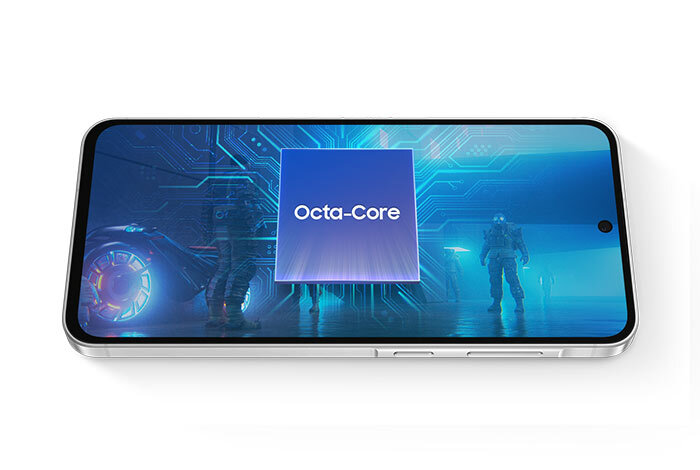 Smartfon z wyświetlaczem pokazującym grafikę z futurystycznym motywem i tekstem \'Octa-Core\'.