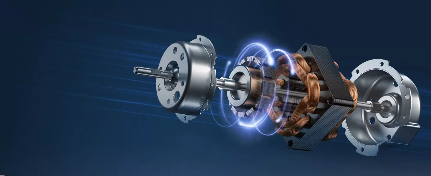 Obraz przedstawia rozłożony mechanizm wentylatora z metalowymi i miedzianymi elementami na ciemnoniebieskim tle. Widoczne są wirniki i cewki, a wokół nich efekty świetlne sugerujące ruch.