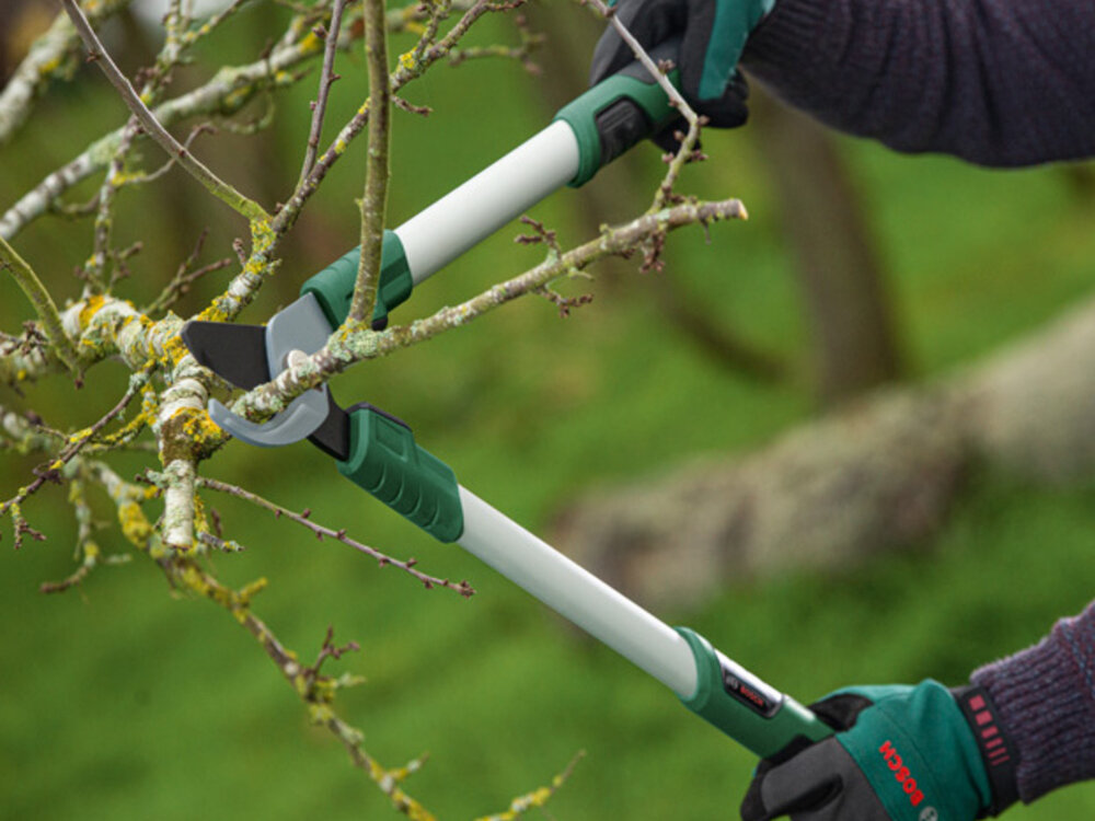 Nożyce do gałęzi BOSCH 06008B5100 aluminiowe rekojesci lekkie waga 1,14 kg trwale ergonomiczna konstrukcja antyposlizgowe uchwyty pelna kontrola komfort wydajna komfortowa praca