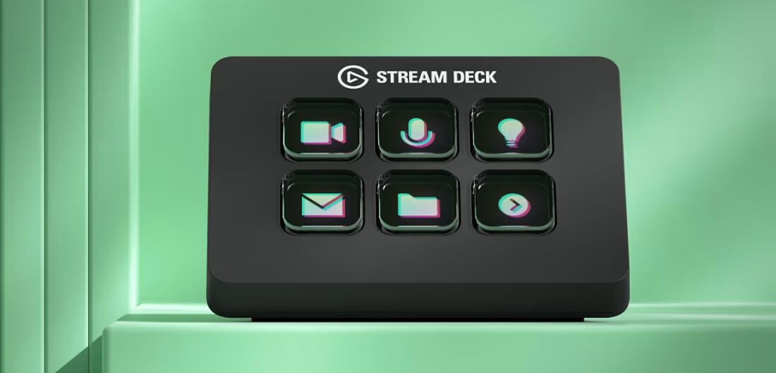 Panel Elgato Stream Deck na zielonym tle pokazuje zestaw sześciu przycisków z ikonami multimediów i skrótów systemowych - 6 przycisków 