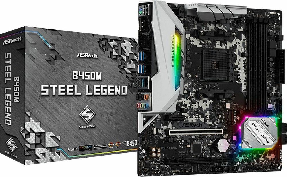 Płyta główna ASROCK B450M Steel Legend - wygląd ogólny opakowanie dysk SSD technologia StoreMI CrossFire 64GB DDR4