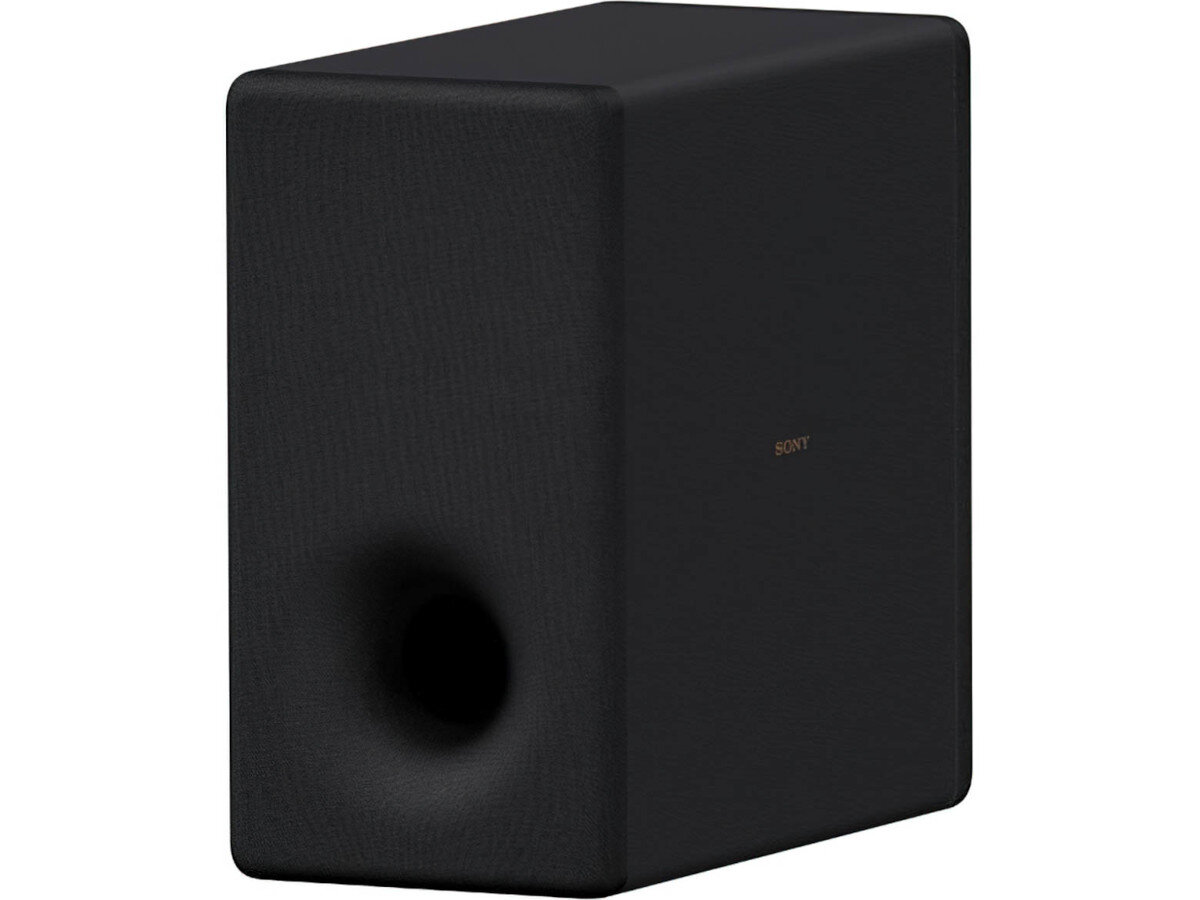 Czarny subwoofer o prostokątnym kształcie z widocznym logo \'SONY\' na przedniej części. Posiada otwór typu Bass Reflex na jednej ze ścianek.