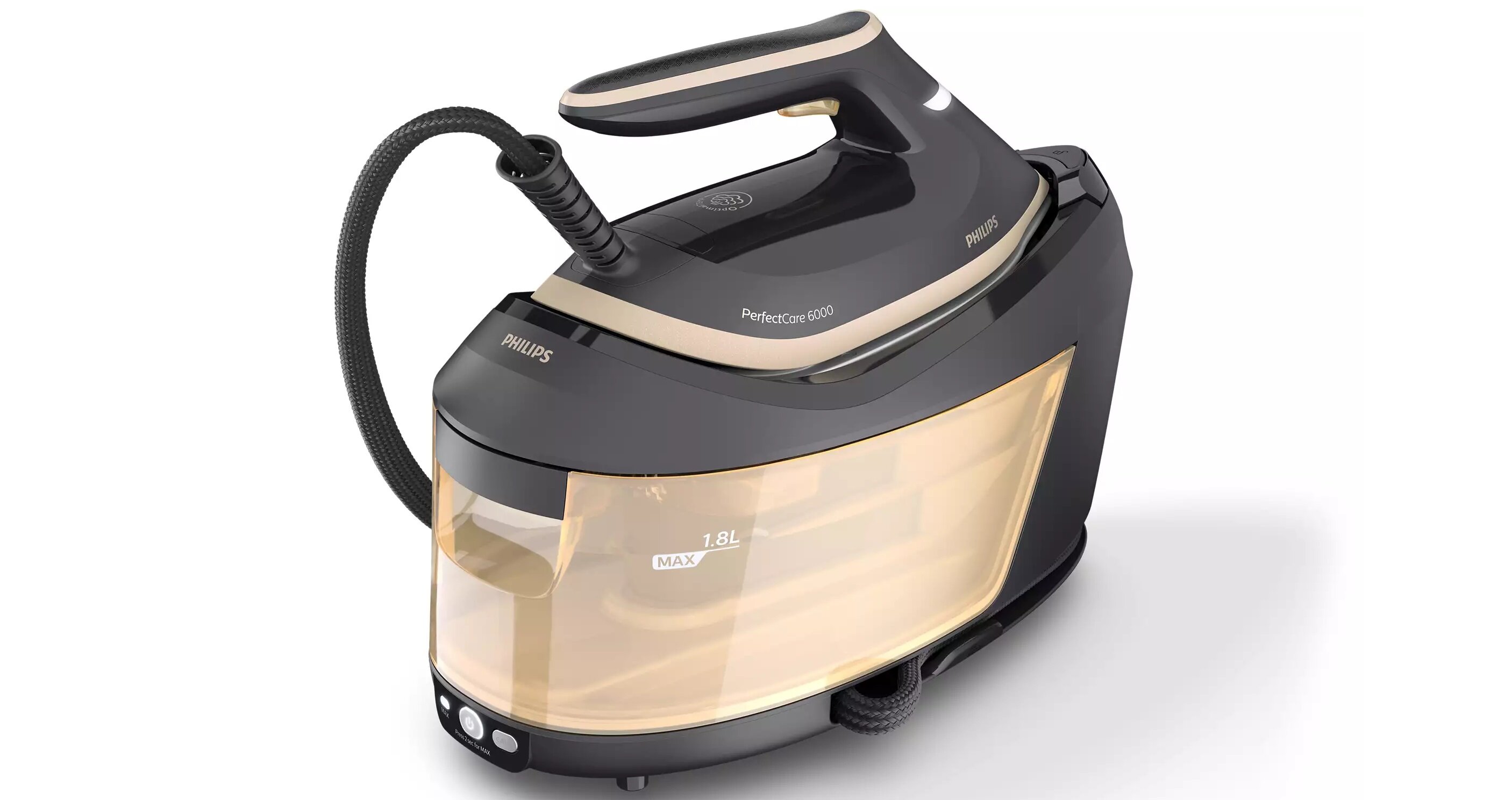 Na obrazie widoczny jest generator pary w kolorze czarnym z beżowymi akcentami, z napisem \'PerfectCare 6000\' oraz logo \'Philips\'. Zbiornik na wodę ma oznaczenie \'1.8L MAX\'.