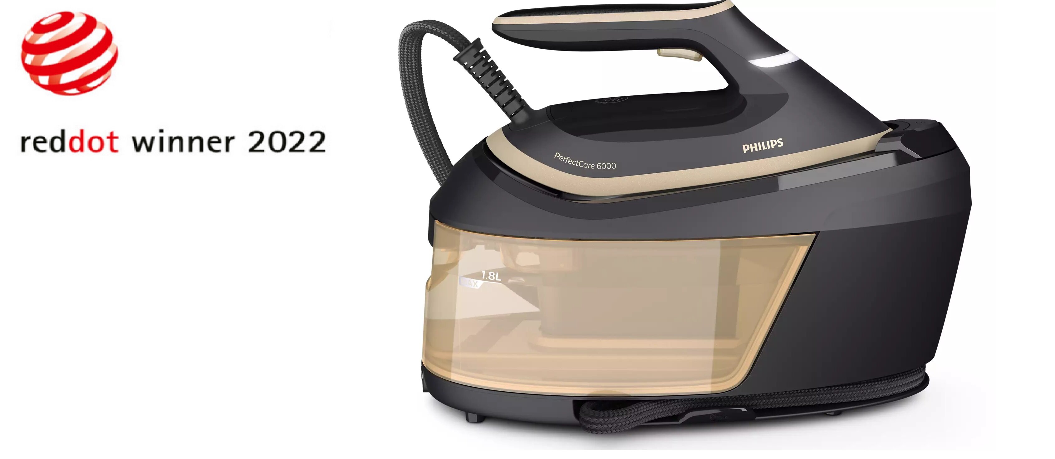 Na obrazie widoczny jest generator pary z napisem \'PHILIPS PerfectCare 6000\'. Obok znajduje się logo \'reddot winner 2022\'.