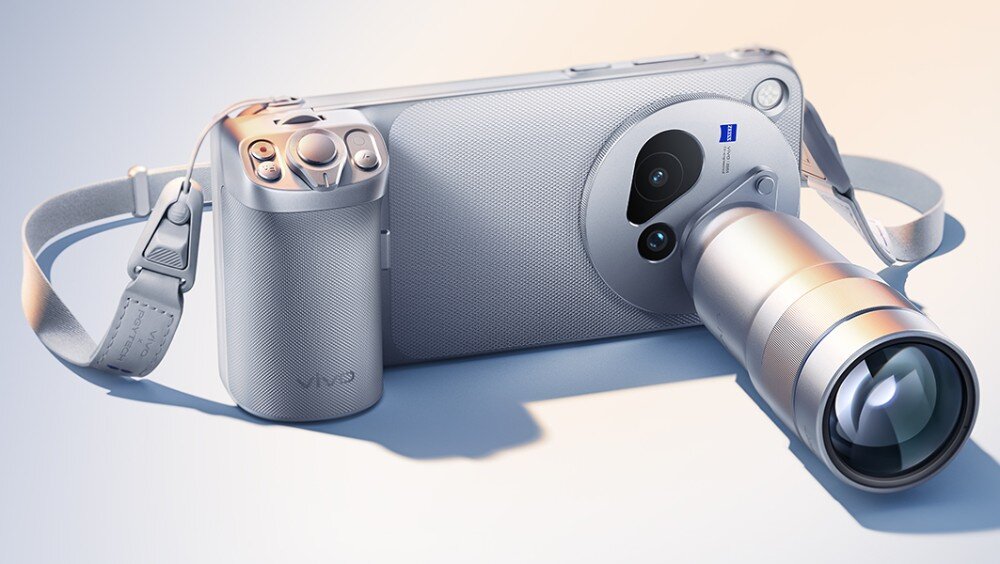 Smartfon VIVO X500 Pro Max Smartfon zamontowany w uchwycie fotograficznym z profesjonalnym obiektywem, przyciskami sterującymi oraz paskiem na ramię