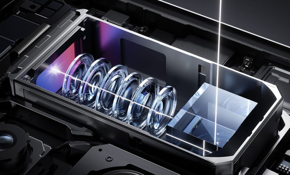 Smartfon VIVO X500 Pro Max Przekrój modułu aparatu fotograficznego z widocznym układem soczewek oraz pryzmatem odbijającym promień światła