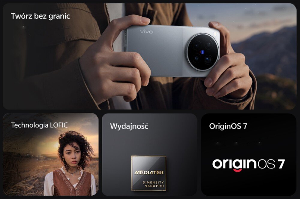 Smartfon VIVO X500 Pro Max Kafelkowy układ grafik przedstawiający smartfon w dłoniach, portret kobiety, procesor 'MEDIATEK DIMENSITY 9600 PRO' oraz logo 'OriginOS 7'