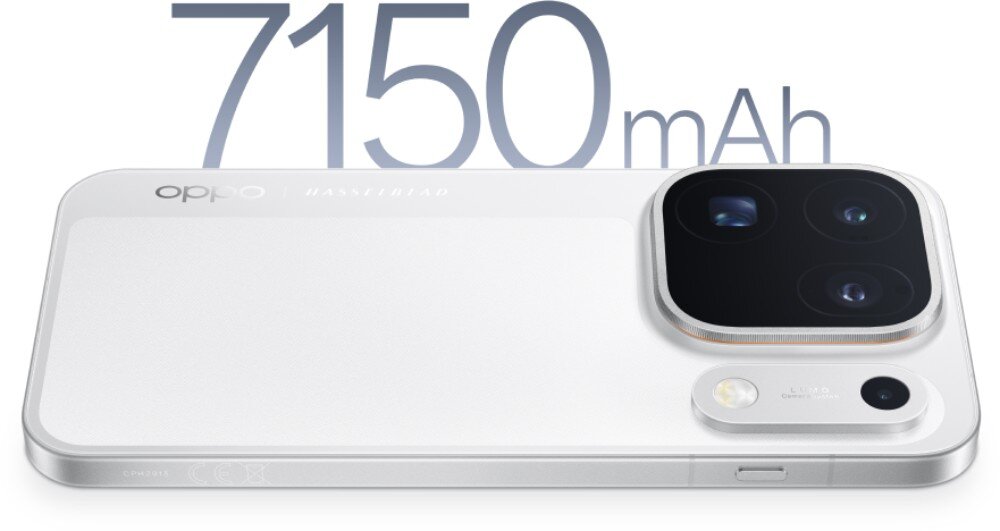 Smartfon OPPO Find X10 Pro Max Smartfon leżący na płasko, nad którym znajduje się duży napis '7150 mAh'