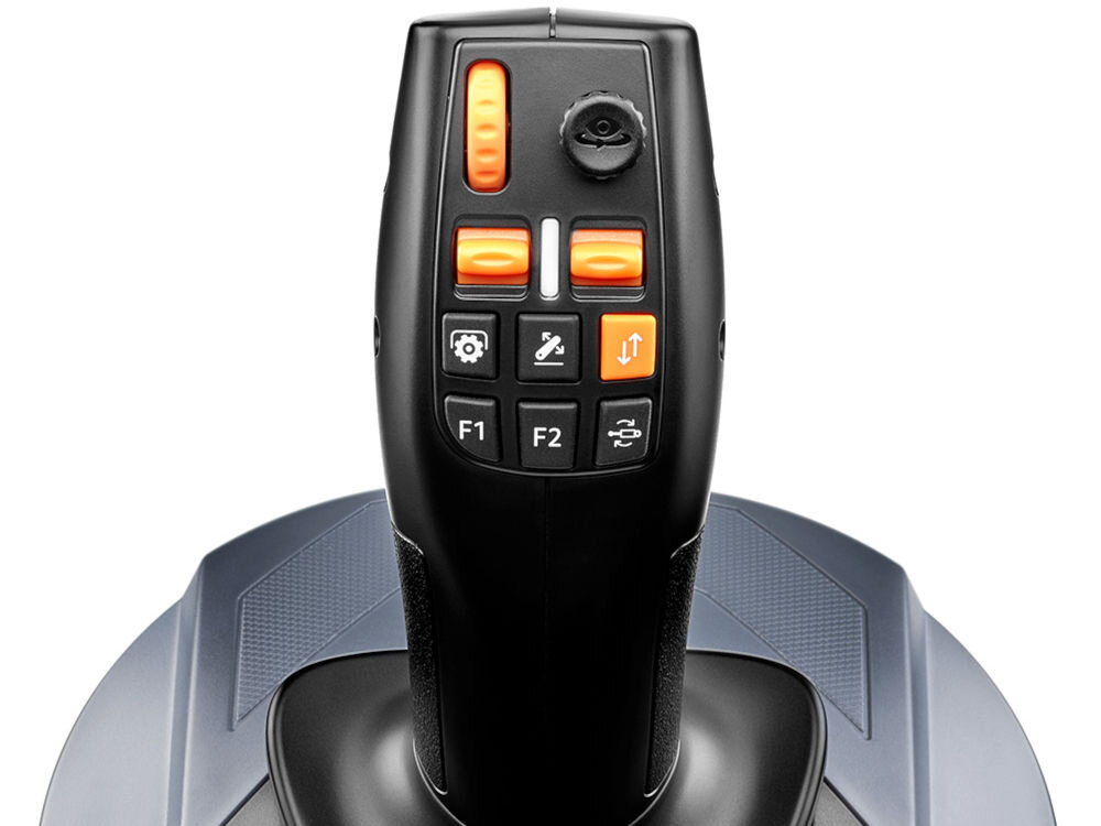 Joystick z czarnym uchwytem i pomarańczowymi przyciskami, w tym pokrętłem i przyciskami oznaczonymi symbolami oraz tekstem: F1, F2.