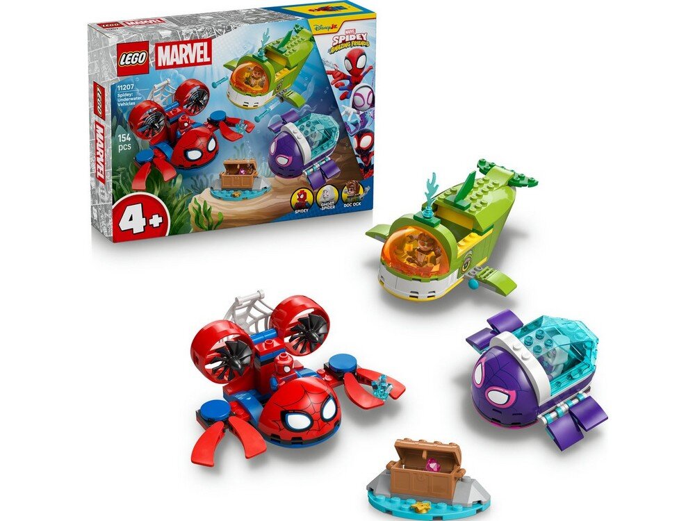 Zestaw LEGO przedstawia trzy kolorowe podwodne pojazdy inspirowane postaciami z Marvela oraz otwarte pudełko z grafiką tych pojazdów. Na pudełku widnieje logo LEGO i Marvel, a także napis \'4+\'.