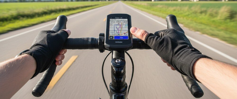 Osoba trzyma kierownicę roweru, na której zamontowana jest nawigacja rowerowa z widoczną mapą na ekranie. Na urządzeniu widnieje logo \'Garmin\'.