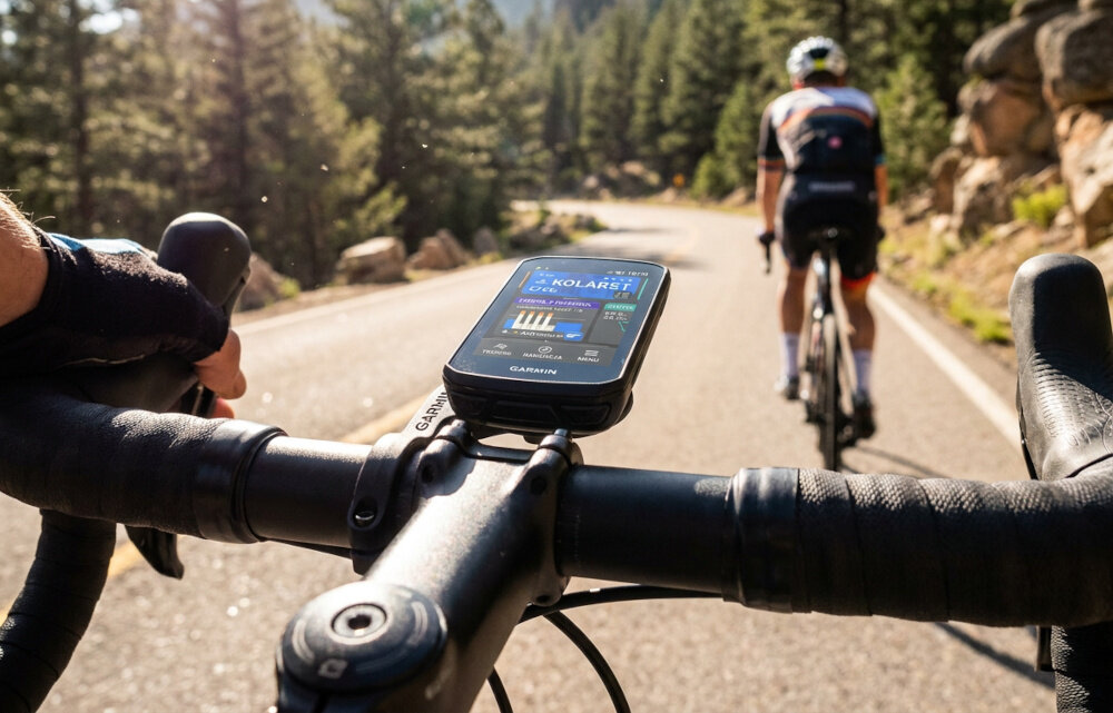 Na kierownicy roweru zamontowane jest urządzenie nawigacyjne z widocznym ekranem, na którym wyświetlane są dane dotyczące kolarstwa. W tle widać rowerzystę jadącego po asfaltowej drodze otoczonej drzewami.