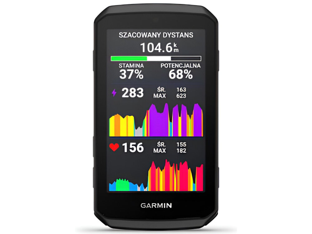 Urządzenie elektroniczne z wyświetlaczem pokazującym dane takie jak \'SZACOWANY DYSTANS 104.6 km\', \'STAMINA 37%\', \'POTENCJALNA 68%\', oraz wykresy w różnych kolorach. Na dole widoczne jest logo \'GARMIN\'.