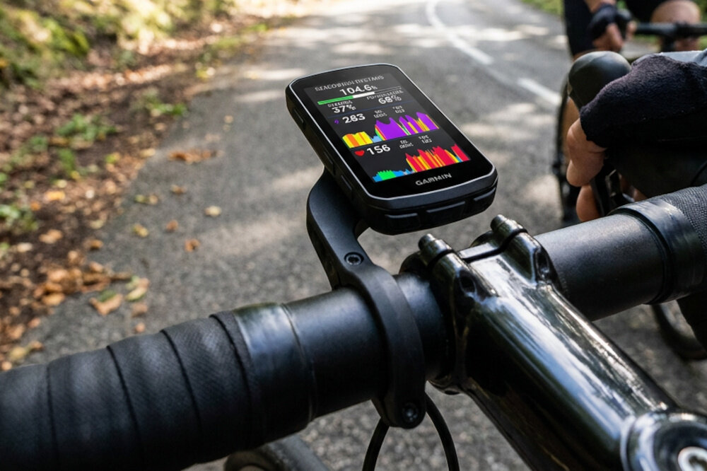 Na kierownicy roweru zamontowane jest urządzenie z wyświetlaczem pokazującym dane treningowe, takie jak tętno i wykresy. Na ekranie widoczny jest napis \'GARMIN\'.