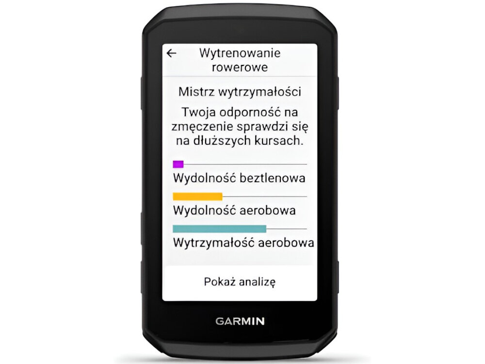 Urządzenie z wyświetlaczem pokazującym informacje o wytrenowaniu rowerowym, w tym poziomy wydolności beztlenowej, wydolności aerobowej i wytrzymałości aerobowej. Na dole ekranu znajduje się przycisk \'Pokaż analizę\'.