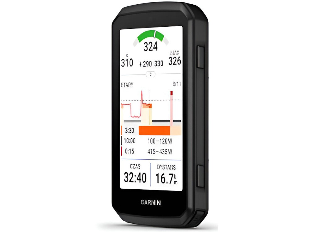 Urządzenie nawigacyjne z wyświetlaczem pokazującym dane treningowe, takie jak moc, czas i dystans. Widoczne logo: GARMIN.