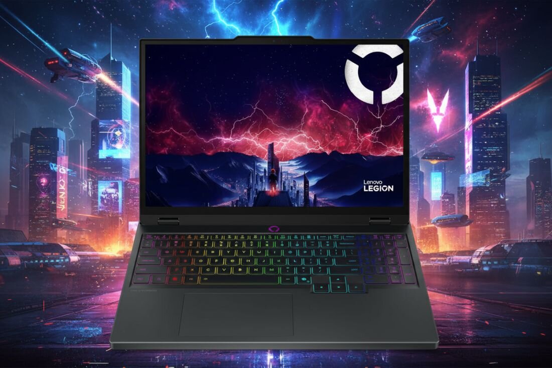 Laptop z podświetlaną klawiaturą i ekranem wyświetlającym futurystyczny krajobraz z błyskawicami. Na ekranie widoczne jest logo i napis \'Lenovo LEGION\'.