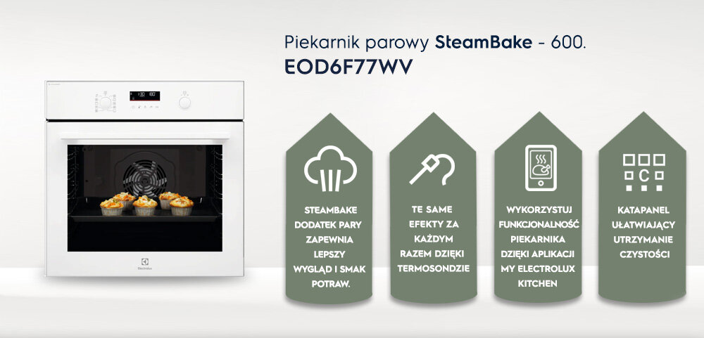 Obraz przedstawia biały piekarnik parowy z napisem \'Piekarnik parowy SteamBake - 600. EOD6F77WV\'. Obok piekarnika znajdują się cztery ikony z tekstami: \'STEAMBAKE DODATEK PARY ZAPEWNIA LEPSZY WYGLĄD I SMAK POTRAW.\', \'TE SAME EFEKTY ZA KAŻDYM RAZEM DZIĘKI TERMOSONDZIE\', \'WYKORZYSTUJ FUNKCJONALNOŚĆ PIEKARNIKA DZIĘKI APLIKACJI MY ELECTROLUX KITCHEN\', \'KATAPANEL UŁATWIAJĄCY UTRZYMANIE CZYSTOŚCI\'.