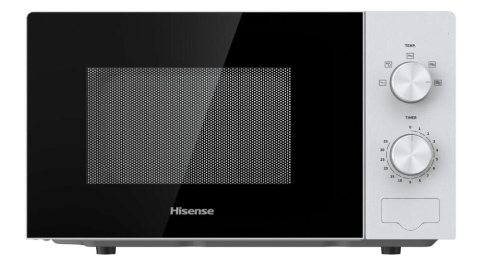 Kuchenka mikrofalowa z czarnym frontem i srebrnymi pokrętłami. Widoczne logo: Hisense.