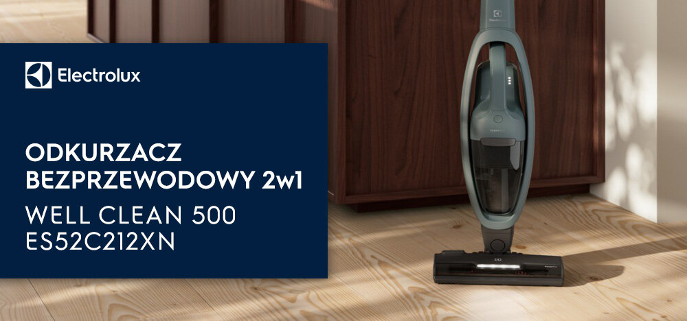 Na drewnianej podłodze stoi odkurzacz bezprzewodowy w kolorze szarym. Obok znajduje się niebieski prostokąt z tekstem: \'Electrolux ODKURZACZ BEZPRZEWODOWY 2w1 WELL CLEAN 500 ES52C212XN\'.
