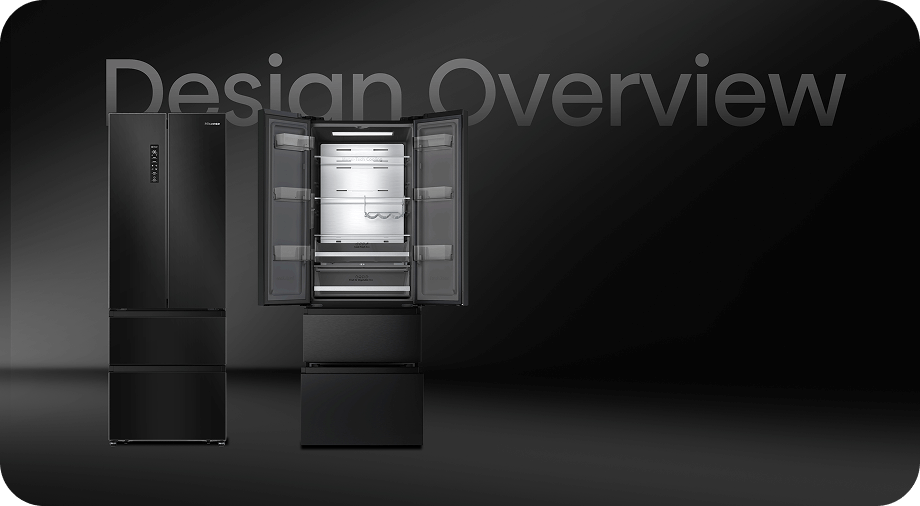 Na obrazie widoczna jest czarna lodówka z otwartymi drzwiami, ukazująca wnętrze z półkami i szufladami. W tle znajduje się napis \'Design Overview\'.