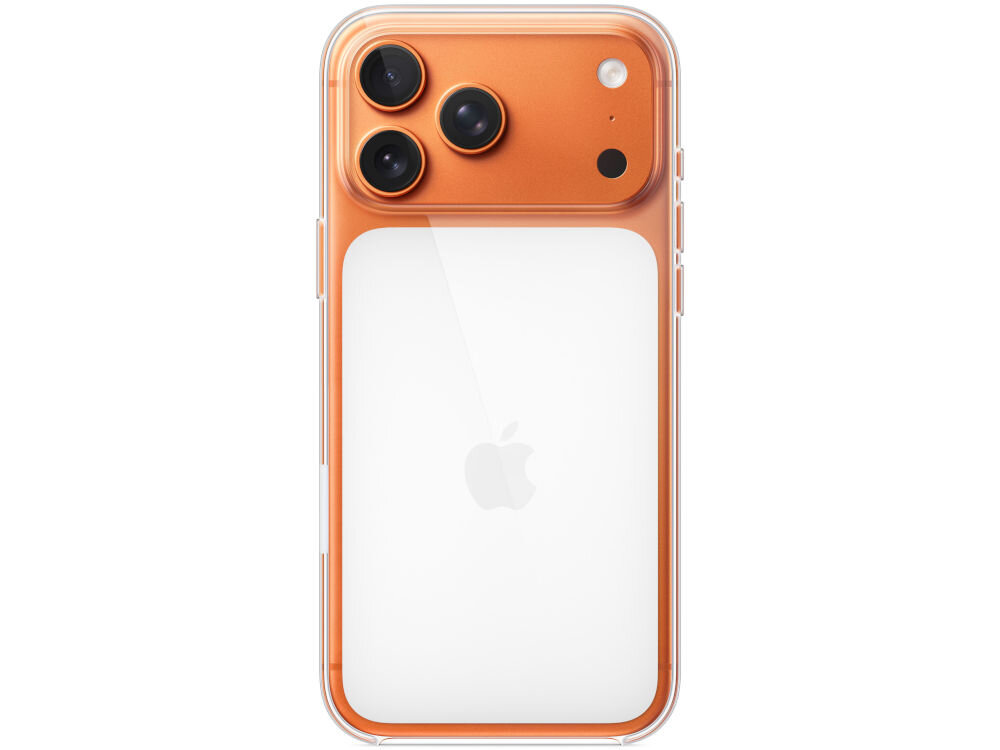 Przezroczyste etui na telefon z widocznym logo Apple, z trzema kamerami i pomarańczowym obramowaniem wokół aparatów.