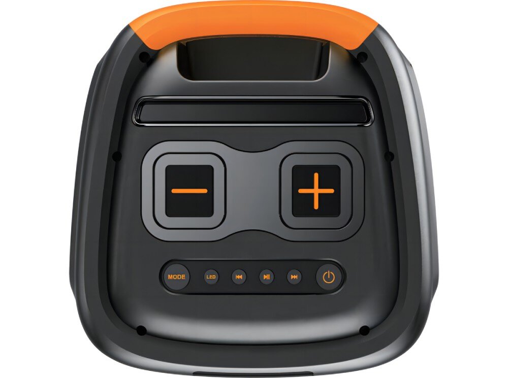 Panel sterowania urządzenia audio z dużymi przyciskami minus i plus oraz mniejszymi przyciskami oznaczonymi jako MODE, LED, play/pause, i power. Górna część panelu jest pomarańczowa.