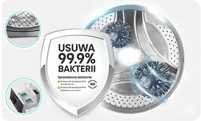 Obraz przedstawia wnętrze bębna pralki z widocznymi szczotkami i otworami. Na tarczy znajduje się napis \'USUWA 99.9% BAKTERII\' oraz ikony potwierdzające skuteczność działania.