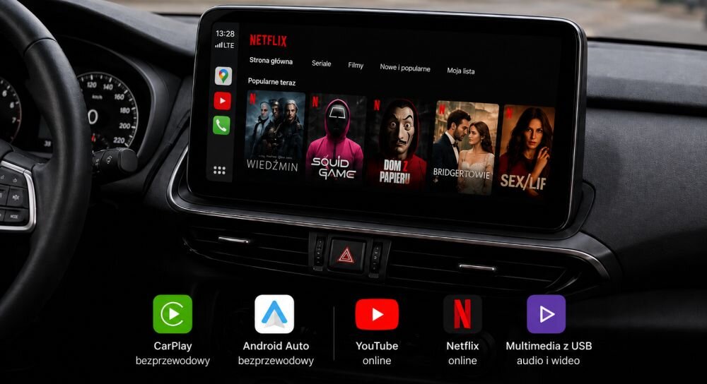 Wnętrze samochodu z wyświetlaczem pokazującym interfejs Netflix z popularnymi serialami. Na dole ekranu widoczne są ikony: CarPlay bezprzewodowy, Android Auto bezprzewodowy, YouTube online, Netflix online, Multimedia z USB audio i wideo.