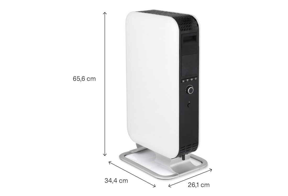 Na obrazie widoczny jest biały grzejnik olejowy o wymiarach 65,6 cm wysokości, 34,4 cm szerokości i 26,1 cm głębokości. Grzejnik stoi na metalowej podstawie i ma czarny panel z przyciskami oraz pokrętłem.