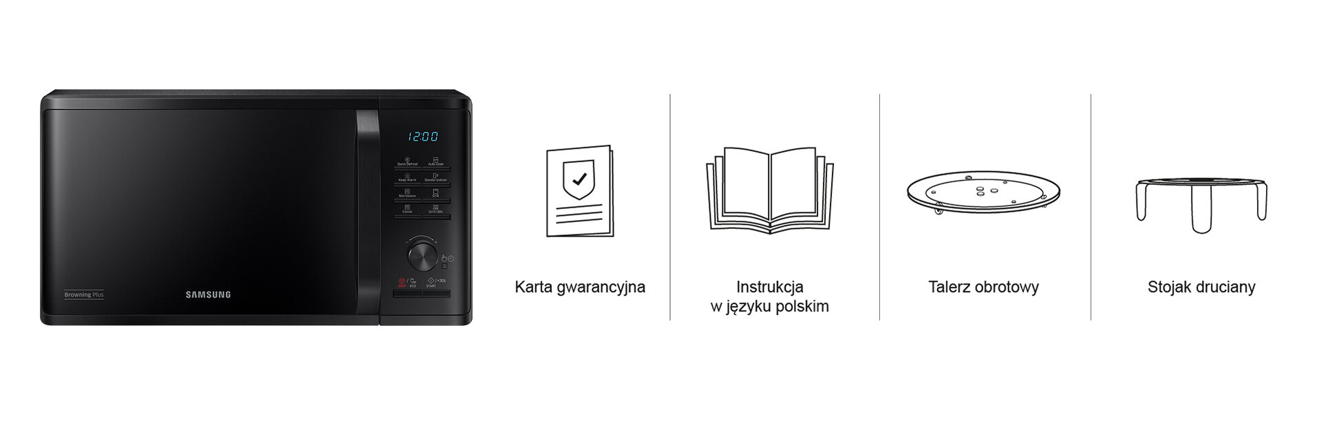 Na obrazie znajduje się czarna kuchenka mikrofalowa z wyświetlaczem i przyciskami dotykowymi. Obok przedstawiono ikonki: karta gwarancyjna, instrukcja w języku polskim, talerz obrotowy i stojak druciany.