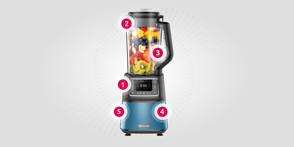 Blender kielichowy SENCOR SBU 7872BL (Sportowy/Próżniowy) + 2 bidony w komplecie wygoda funkcjonalność Panel sterowania wieko miarka duży kielich jednostka silikonowa próżniowa