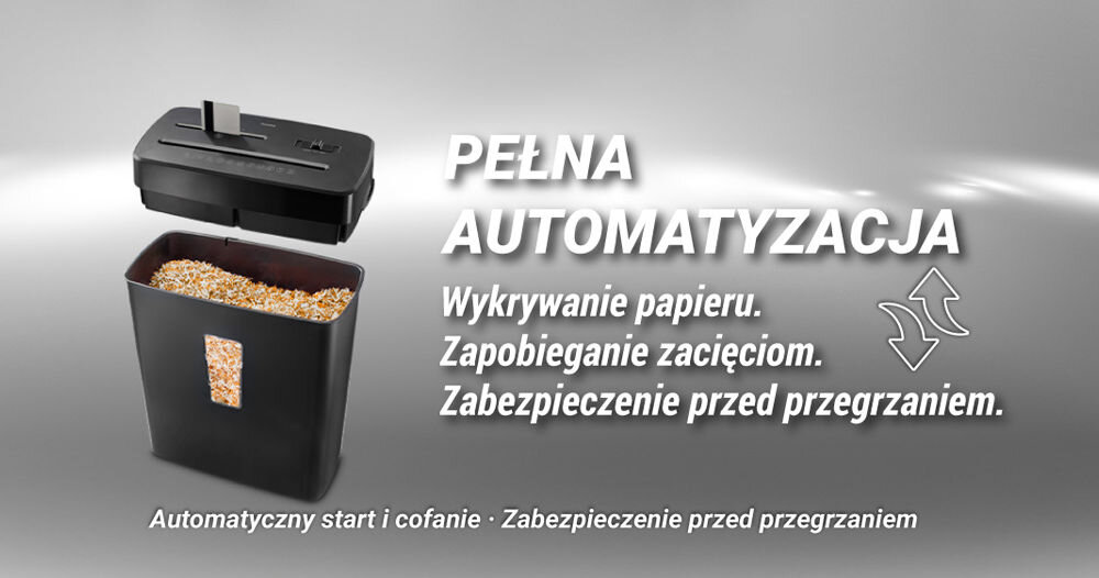 Obraz przedstawia niszczarkę z otwartym pojemnikiem na ścinki papieru. Na tle widnieje tekst: \'PEŁNA AUTOMATYZACJA Wykrywanie papieru. Zapobieganie zacięciom. Zabezpieczenie przed przegrzaniem. Automatyczny start i cofanie - Zabezpieczenie przed przegrzaniem.\'