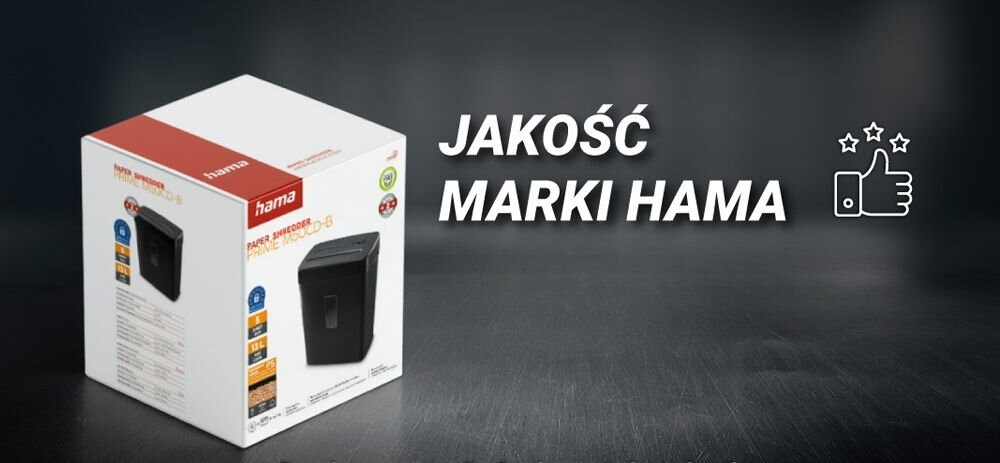 Na obrazie widoczny jest karton z produktem marki Hama, obok którego znajduje się napis \'JAKOŚĆ MARKI HAMA\' oraz ikona kciuka w górę z gwiazdkami. Karton przedstawia niszczarkę papieru z różnymi oznaczeniami i specyfikacjami.