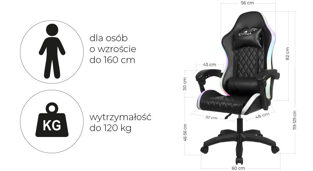 Obraz przedstawia czarny fotel gamingowy z logo \'COBRA\' na zagłówku, z podświetleniem RGB i wbudowanymi głośnikami. Obok znajdują się ikony z tekstem: \'dla osób o wzroście do 160 cm\' oraz \'wytrzymałość do 120 kg\'.