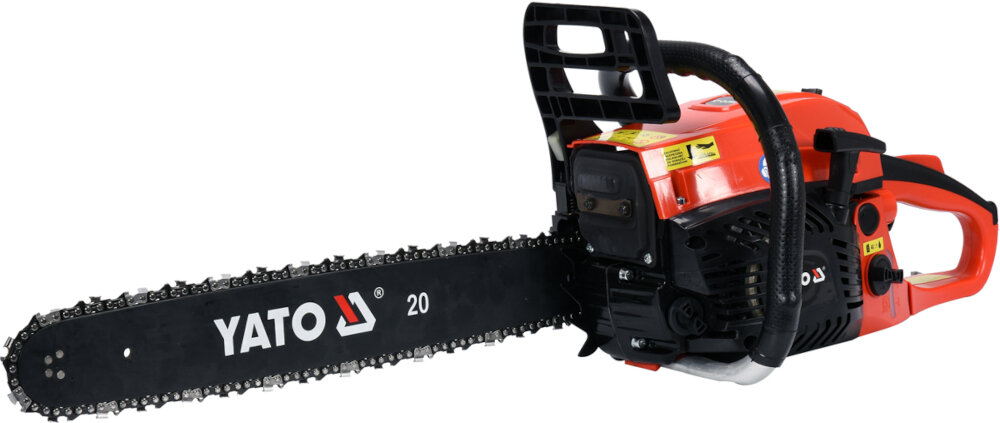 Piła spalinowa YATO YT-84910 funkcjonalna mocne i bardzo poręczne urządzenia dla lepszej ergonomii pracy do cięcia drzewa podcinania krzewów i gałęzi niewielka masa waga 6 kg wysokiej jakości łańcuch i ostrza pojemność zbiornika na olej 240 ml