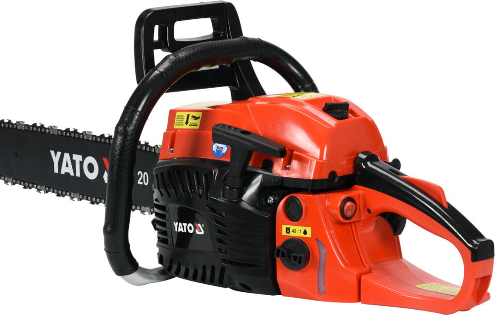 Piła spalinowa YATO YT-84910 niesamowita szybkość i wydajność pracy silnik spalinowy moc 2,5 kW pojemność 56,5 cm3 wydajny system odpowietrzania paliwa funkcja Easy Start