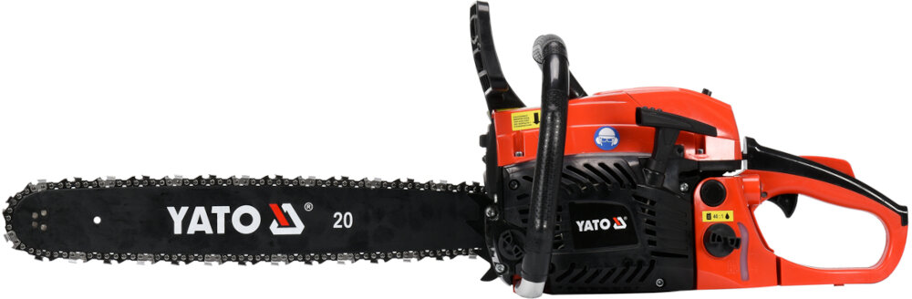 Piła spalinowa YATO YT-84910 do typowych prac wycinkowych do niezwykle precyzyjnych zadań specjalnych prowadnica długość 48 cm łańcuch o grubości 1,47 cm automatyczny hamulec technologia automatycznego smarowania łańcucha żywotność urządzenia znacząco wydłużona w zestawie klucz uniwersalny osłona prowadnicy instrukcja obsługi w języku polskim karta gwarancyjna