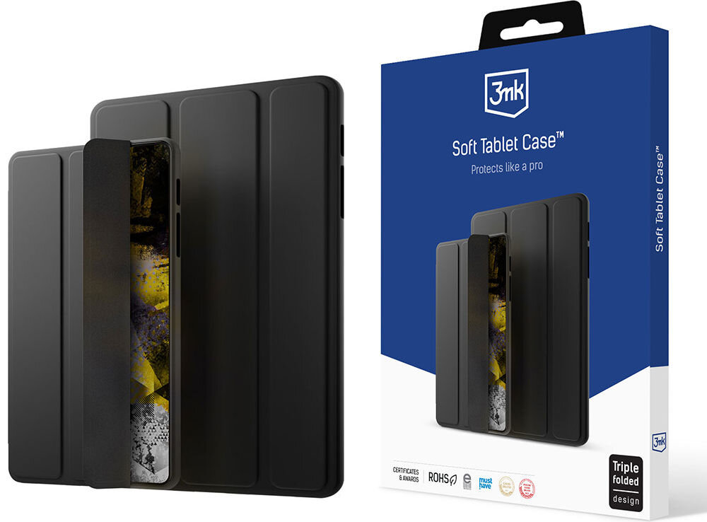 Obraz przedstawia czarne etui na tablet z trzema zagięciami, obok znajduje się opakowanie z napisem \'3mk Soft Tablet Case™ Protects like a pro\'.