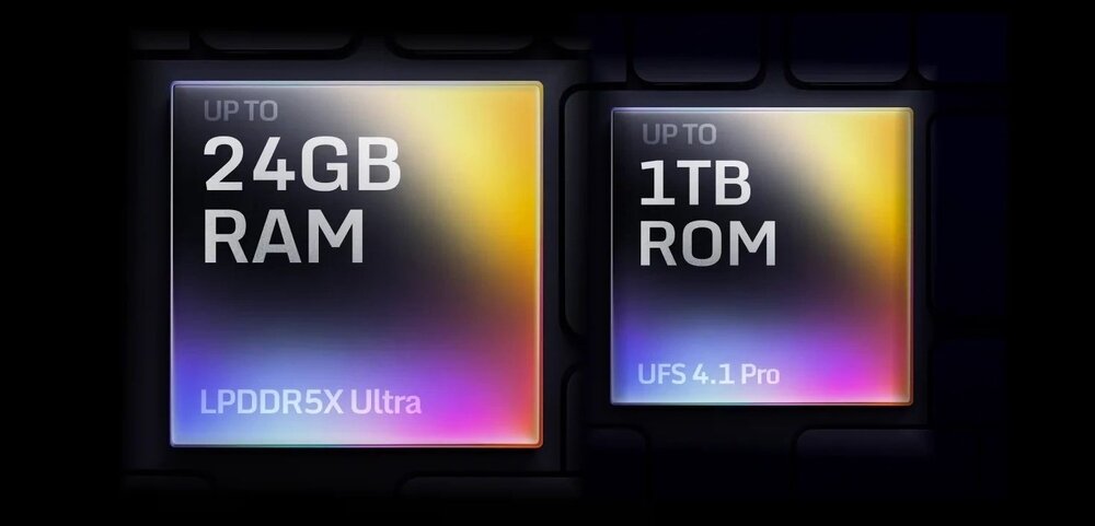 Obraz przedstawia dwa kwadratowe pola z gradientowym tłem, na których widnieją napisy: \'UP TO 24GB RAM LPDDR5X Ultra\' oraz \'UP TO 1TB ROM UFS 4.1 Pro\'.
