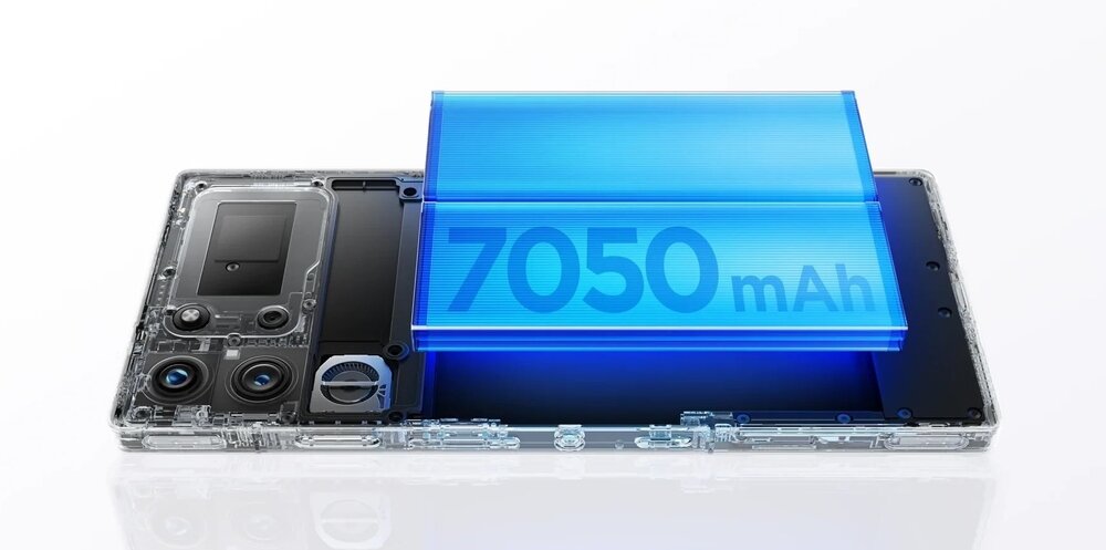 Obraz przedstawia wnętrze smartfona z widoczną dużą baterią oznaczoną napisem \'7050 mAh\'.