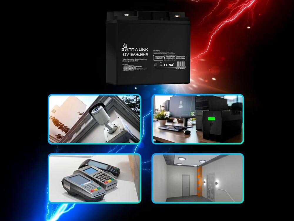 Akumulator EXTRALINK EX.6334 18Ah 12V, odporność, masa, szczelność, montaż, na czarnym tle z niebiesko czerwonymi piorunami i zastosowań ładowania