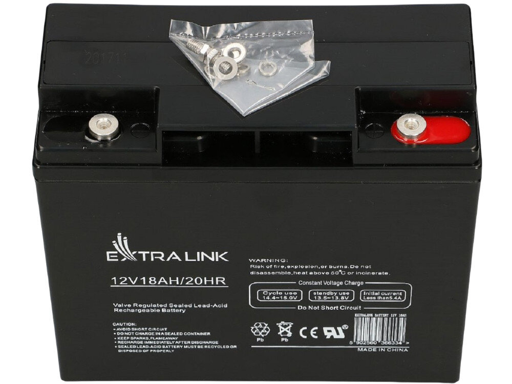 Akumulator EXTRALINK EX.6334 18Ah 12V, bezobsługowy, parametry, automatyka, ładowanie, na białym tle akumulator od góry lewo skos