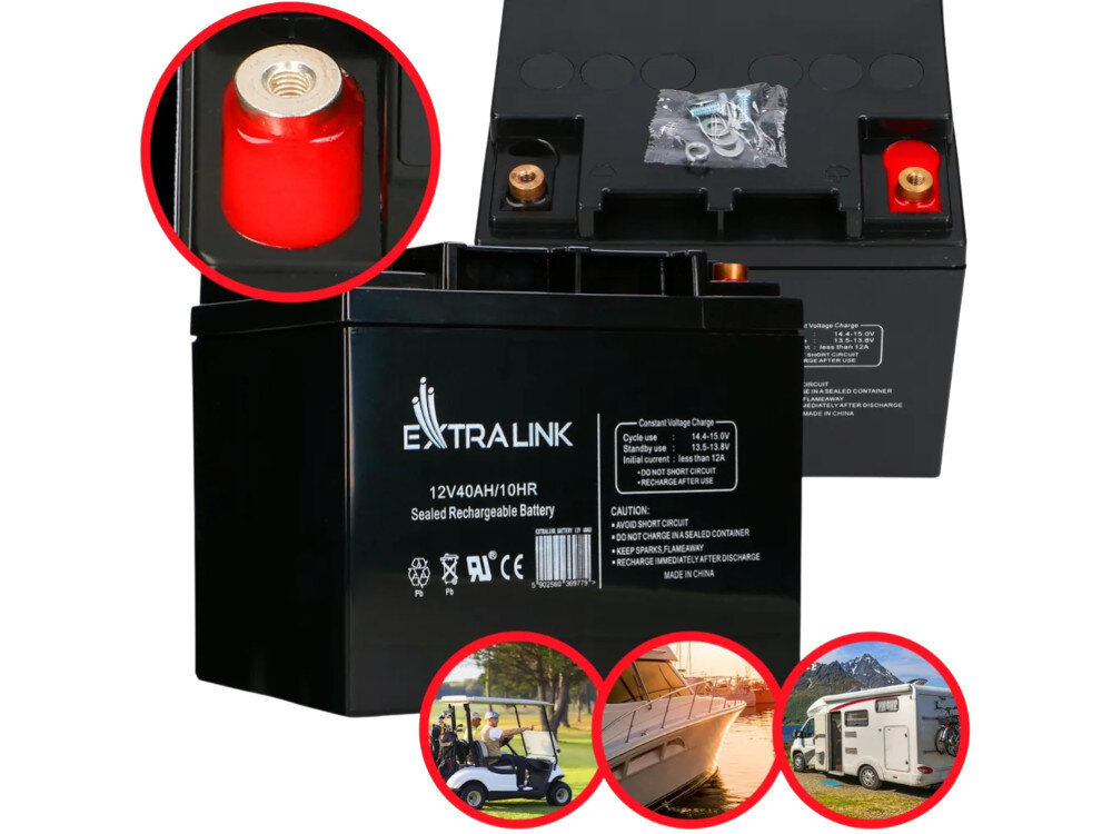 Akumulator EXTRALINK EX.9779 40Ah 12V, energia, akumulator, AGM, zasilanie, na białym tle akumulator z zastosowaniem go w różnych środowiskach