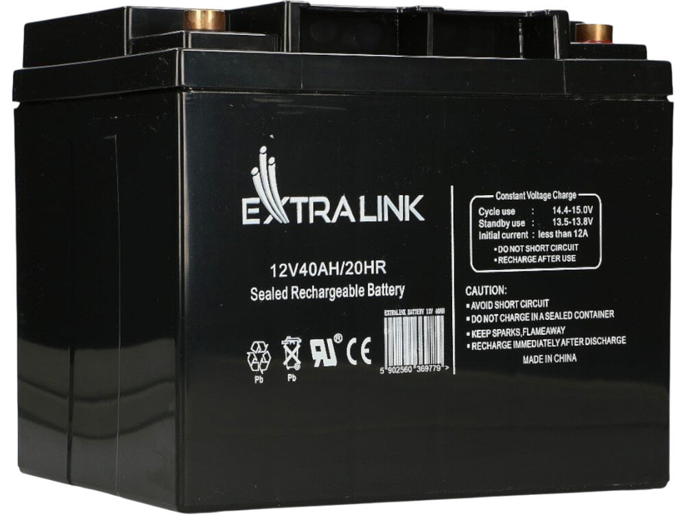 Akumulator EXTRALINK EX.9779 40Ah 12V, pojemność, UPS, alarm, awaryjne, na białym tle akumulator frontem lewo skos