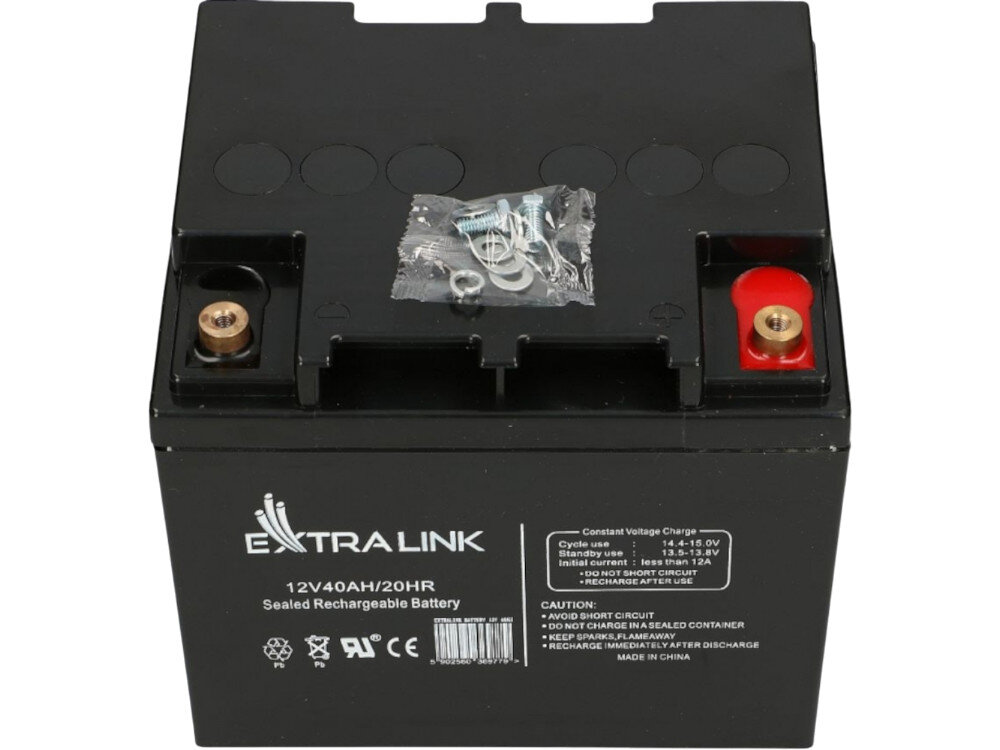 Akumulator EXTRALINK EX.9779 40Ah 12V, 12V, obudowa, AGM, instalacja, na białym tle akumulator frontem od góry
