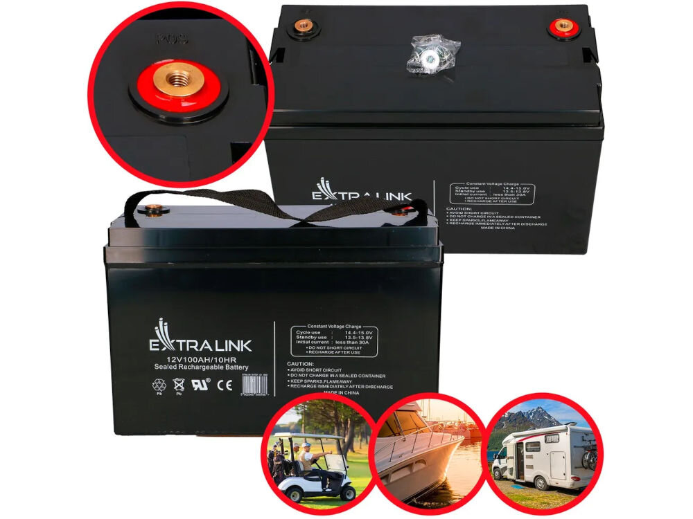 Akumulator EXTRALINK AGM EX.9786 100Ah 12V, energia, AGM, 100Ah, 12V, na białym tle akumulator i środowiska w których zostaje wykorzystywany