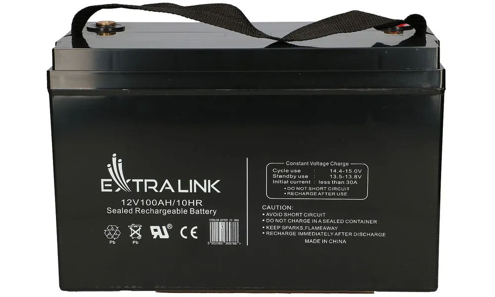Akumulator EXTRALINK AGM EX.9786 100Ah 12V, 100Ah, UPS, alarmy, fotowoltaika, na białym tle akumulator frontem na wprost